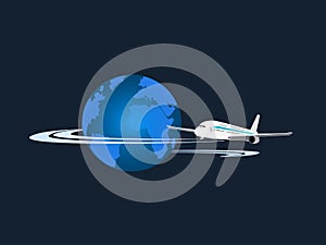 A white plane flying around the globe with a black background