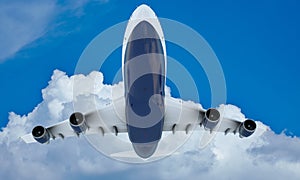 White plane flying in sky and clouds. Airplane boeing 747