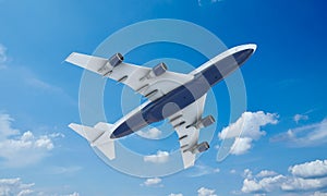 White plane flying in sky and clouds. Airplane boeing 747