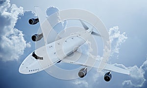 White plane flying in sky and clouds. Airplane boeing 747