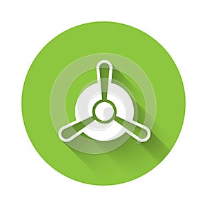 White Plane propeller icon isolated with long shadow. Vintage aircraft propeller. Green circle button. Vector