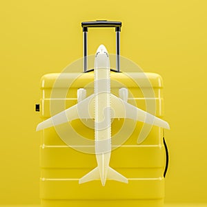 A white plane on a yellow travel suitcase. 3D rendering illustration.