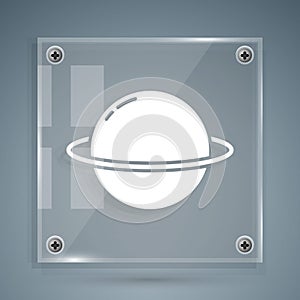White Planet Saturn with planetary ring system icon isolated on grey background. Square glass panels. Vector