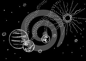 White planets , the sun and stars are drawn on a black background.