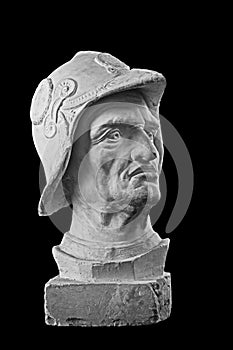 White plaster bust, sculptural portrait of warrior in armor and helmet