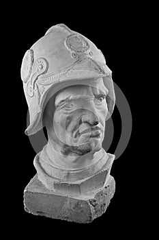 White plaster bust, sculptural portrait of warrior in armor and helmet