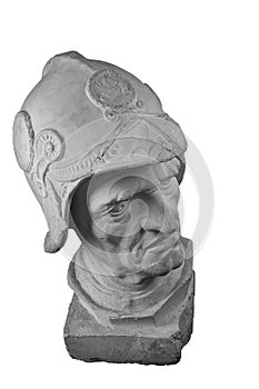 White plaster bust, sculptural portrait of warrior in armor and helmet