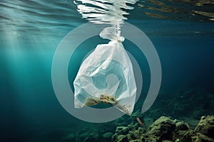 White plastic bag underwater in sea or ocean. Plastic waste pollution in ocean