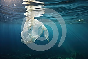 White plastic bag underwater in sea or ocean. Plastic waste pollution in ocean