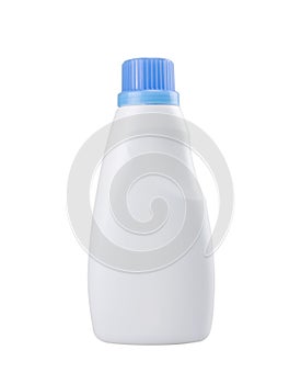 White plastic bottle with blue cap isolated on a white background for liquid laundry detergent or cleaning agent or bleach or