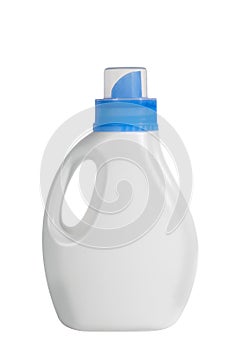 White plastic bottle blue cap isolated on white. Bottle with detergent. Cleaning concept