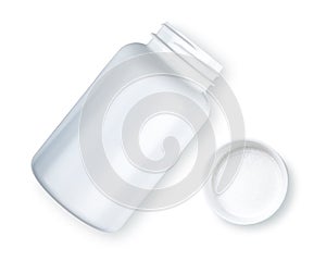 White plastic bottle, container or packer for Pills, tablets, drugs, vitamins. Medicine Concept for pharmacy, hospital, doctor
