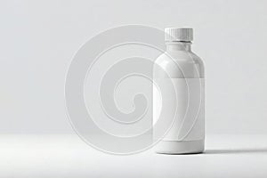 White plastic bottle with label. Space for text.