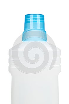 White plastic bottle for liquid detergent or cleaning agent or bleach. Isolated on white background. Half of bottle. Blue cap