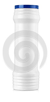 White plastic bottle with liquid laundry detergent, cleaning agent, bleach or fabric softener isolated on white background