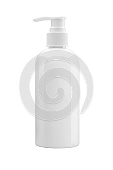 White plastic bottle with pump, used for liquid soap, shampoo an