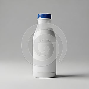 A white plastic bottle with a smooth surface stands upright. It features a blue screw cap, contrasti