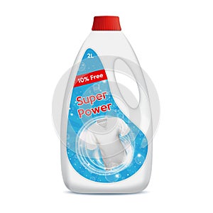 White plastic bottle on the white background for liquid laundry detergent, cleaning agent, bleach for fabric with label