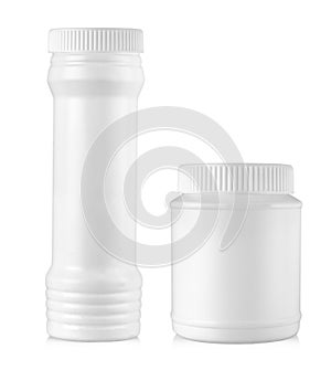 White plastic bottles with liquid laundry detergent, cleaning agent, bleach or fabric softener isolated on white background