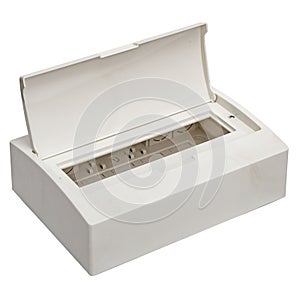 White plastic box for electrical equipment fuses.  Lid is open