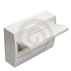 White plastic box for electrical equipment fuses.  Lid is open
