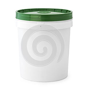 White plastic bucket with green lid isolated on white background, Plastic bucket mockup