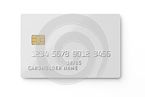 White plastic card with chip isolated on white. Payment or credit card. 3D rendering