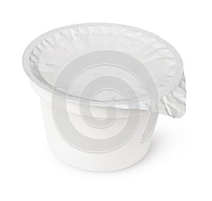 White plastic container for dairy foods with foil lid