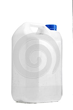 White plastic container with handle for water or other liquids with blue cap