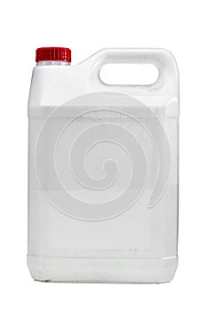 White plastic container with handle for water or other liquids with red cap