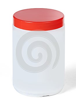 White plastic container with washing powder with red cap isolated on white background