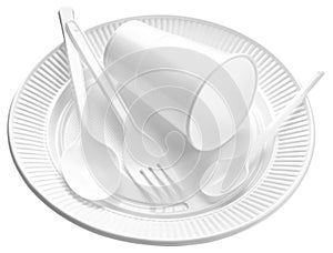 White plastic cup, plate, fork and spoon isolated on white background