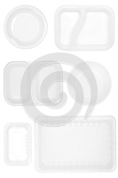 White plastic food tray isolated on grey backgroundBlack