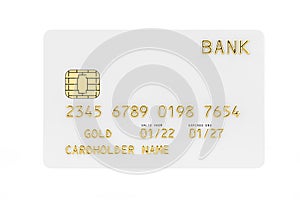 White Plastic Golden Credit Card with Chip. 3d Rendering