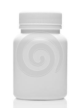White plastic medical bottle without label, clean and new, container for pills, tablets, vitamins, drugs, capsules, medicament and