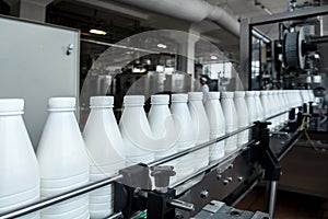 White plastic milk bottles on the conveyor on a modern dairy plant