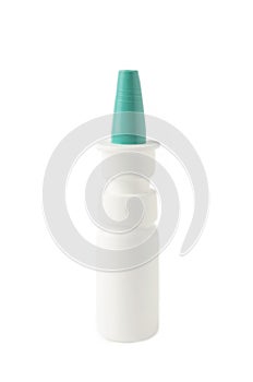 White plastic nasal spray bottle isolated on white background. Runny nose, colds