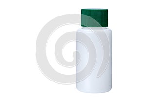 White plastic non transparent bottle with green cap for medical products.