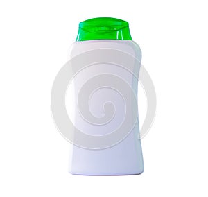 White plastic packaging bottle, green cap, beautiful shape, white background, isolated