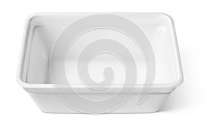 White plastic plate or styrofoam food container on white