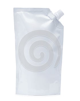 White plastic pouch stand up bag or doy-pack with a corner batcher lid.