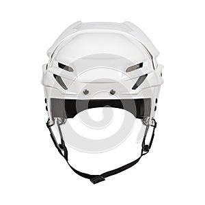 White plastic protective helmet for ice hockey on a white background without shadow