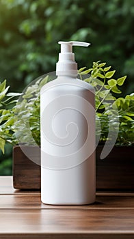 White Plastic Shampoo Bottle with Dispensary Lid. Wooden table, green plants near. Copy space mockup for logo design or