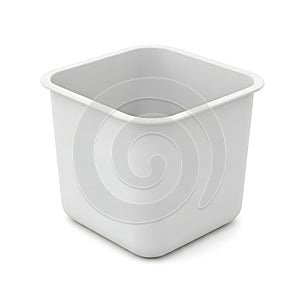 A white plastic square container on a plain background