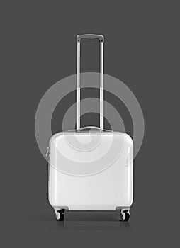 White plastic suitcase or luggage on gray background