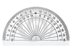 White plastic transparent protractor, isolated on white background