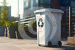 White plastic trash bin with a recycling symbol on it on the street. Garbage sorting, ecology