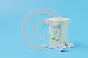 White plastic trash can isolated on a blue background