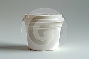 White Plastic tub with secure sealing lid isolated. White storage container on a plain setting. Concept of preserving