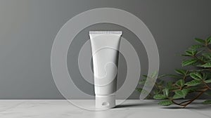 White plastic tube with moisturizing cream for hands or face. Skin care. Toothpaste. Modern grey bathroom design. Copy